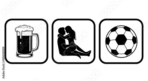 Three icons representing beer, couple, and soccer in a row