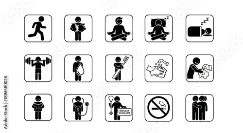 Collection of stick figure icons depicting various human activities and emotions in square frames