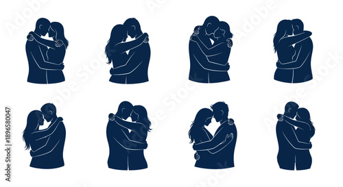Couple embracing, hugging, and kissing illustrated in various poses and silhouettes