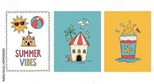 Vibrant summer illustrations featuring a beach scene with a house, ice cream, and sunny weather