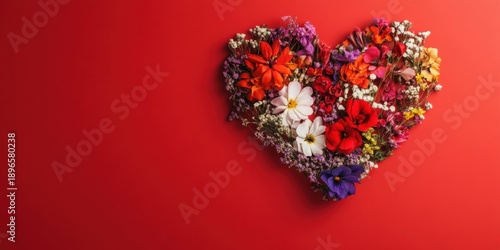 A Beautiful and Colorful Floral Heart on a Vibrant Red Background Filled with Joy