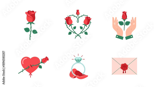 Valentine's Day icons featuring roses, hearts, and jewelry in a digital illustration