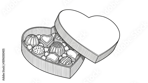 Heart-shaped box filled with assorted candies and chocolates, illustration, close-up view
