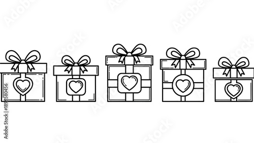 Illustration of gift boxes with hearts and ribbons, symbolizing love and appreciation in a minimalist style.