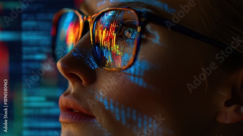 Caucasian female analyzing data with reflection of code and graphs in glasses.