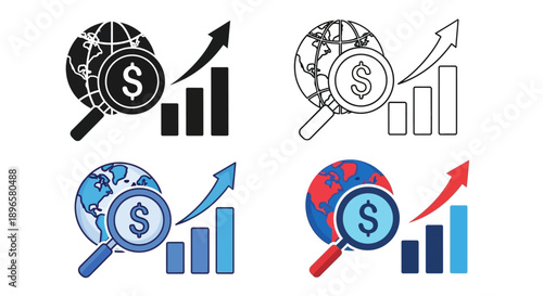 Collection of financial icons showcasing global trends and analysis through magnifying glass and bar graphs in diverse styles