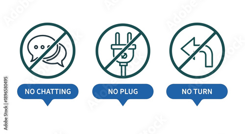 Collection of prohibition icons for chat, plug, and turn actions in a modern graphic style