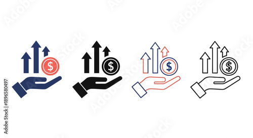 Assorted hand icons holding currency symbols with upward arrows indicating financial growth and prosperity from various viewpoints