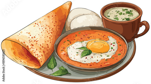 Authentic South Indian Breakfast Dosa Idli Sambhar Vector Art
