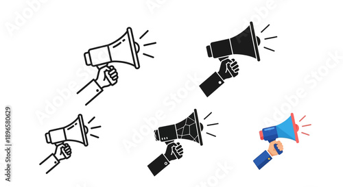 Collection of hand drawn megaphone icons in various styles and colors on a plain background