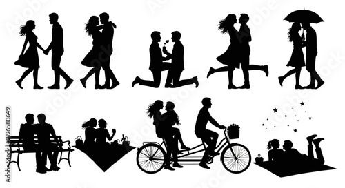 Couple silhouettes in various romantic poses and activities together