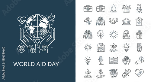 Global Aid Icons and Illustrations for World Aid Day on Dark Background