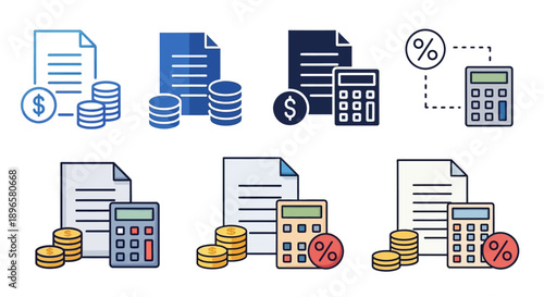 Financial icons mix sheet featuring documents, calculators, coins, and percentage symbols in a graphic illustration