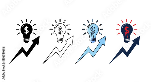 Collection of lightbulb icons with dollar signs and upward trending arrows in various styles and colors