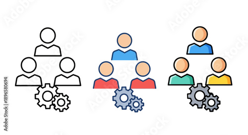 A set of simple icons depicting teamwork and collaboration with gears, representing workflow and productivity in a modern flat design.