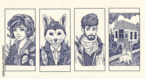A series of illustrations featuring a woman, a wolf, a man, and a house with a dog, showcasing various subjects in a monochromatic style