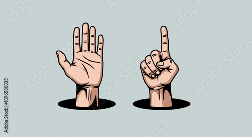 Hands emerging from holes, one with fingers extended and the other pointing upwards, in a simple, graphic illustration style.