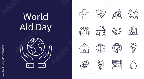 Global humanitarian aid concept with icons representing assistance and support for people in need worldwide