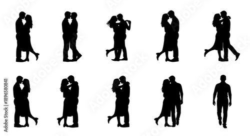 Silhouetted couples dancing tango together in various poses and a lone male standing alone