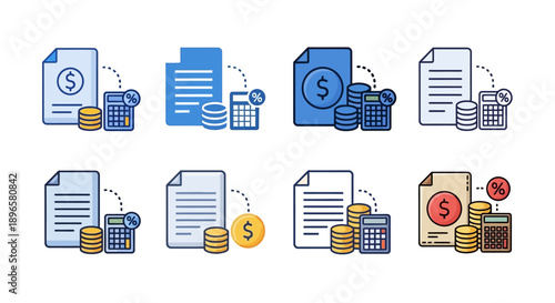 Collection of financial document icons with currency symbols and signs, presented in a grid layout, showcasing various monetary themes and elements