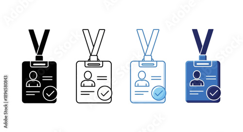 Collection of identity badge icons in various styles and colors displayed together on a clean background showcasing different design elements