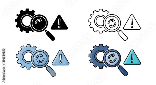 Mix of icons illustrating investigation and analysis with gears, magnifying glasses, and warning signs in various colors