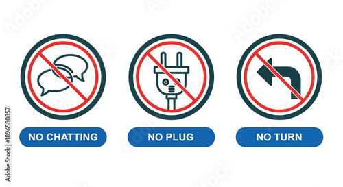 Set of prohibition icons depicting no chatting, no plug, and no turn symbols in a circular frame, icons mix sheet (65).eps
