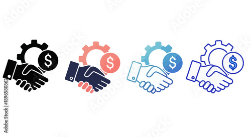 Business partnership icons in various colors representing agreement and financial transactions depicted in a mix of styles