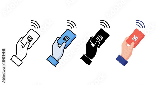 Various hands holding phones with different colored credit cards and wireless signals