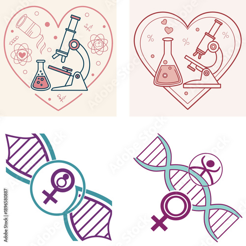 Creative vector illustrations celebrating the love for science and genetics featuring microscopes DNA helixes and female gender symbols in a modern artistic style for biological concepts