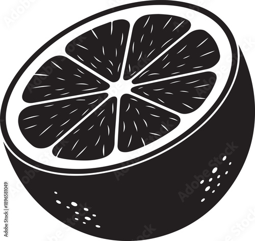 A black and white illustration of a halved citrus fruit