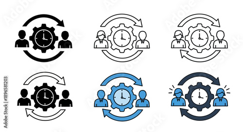 Set of icons representing time management and teamwork in a modern office environment from a straightforward viewpoint