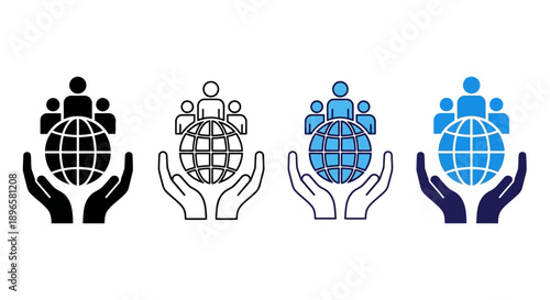 Global unity icons mix sheet illustration showcasing hands holding people and globe symbols