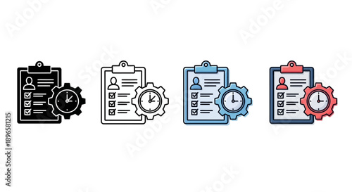 A collection of clipboard icons with gear and clock elements in various colors and line styles, representing productivity and time management, icons mix sheet (94).eps