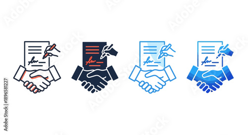 Contract signing icons in various colors and styles, handshake agreement, business partnership, document exchange, cooperation, illustrations