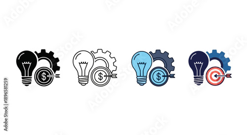 Collection of icons representing ideas finance and innovation in various styles on a plain background