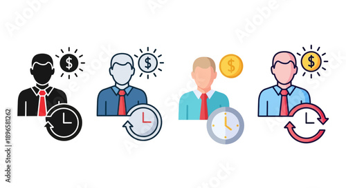 Collection of Business Icons Featuring Professionals with Symbols and Time Elements