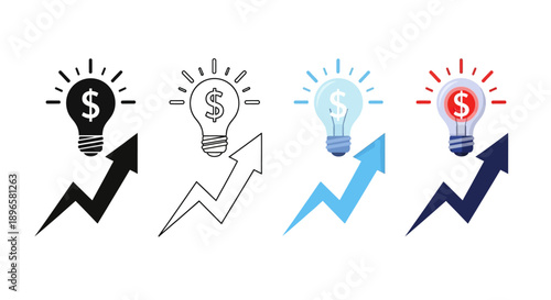 Collection of financial growth icons featuring lightbulbs and arrows in various styles
