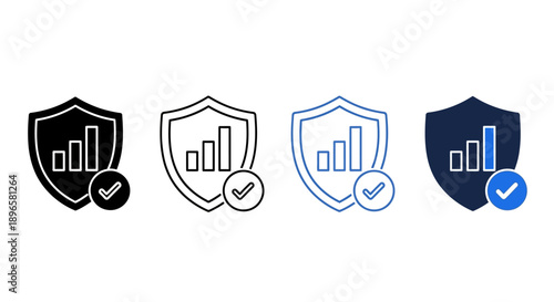 Collection of security shield icons with checkmarks and graphs in various styles displayed together
