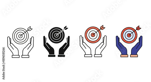 Collection of hands holding targets with arrows, showcasing various icon designs and styles in a mix sheet format.