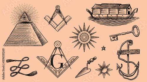 Freemason and Mason symbols. Illuminati and secret union or brotherhood elements. Eye of Providence, all seeing logo, pyramid, stars and Noah ark, key and anchor, circle and ruler.