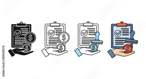 Icon set of documents and hands illustrating verification and approval processes in various styles and colors