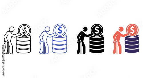 Various icon styles depicting people interacting with coins and stacks in a mix sheet format for diverse design applications