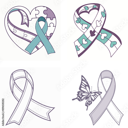Obraz na płótnie Four unique awareness ribbons featuring puzzle pieces hearts and a delicate butt