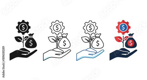 Financial growth icons mix sheet featuring hands nurturing dollar plants with cogwheels