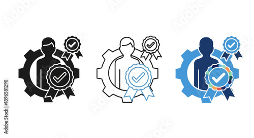 Collection of vector icons representing quality control and certification in industrial settings from a straightforward viewpoint