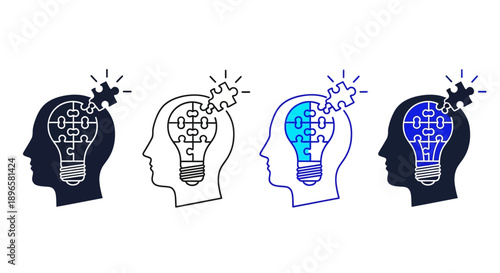 Vector illustration of human heads with lightbulb ideas and bees, symbolizing creativity and innovation in a modern graphic style