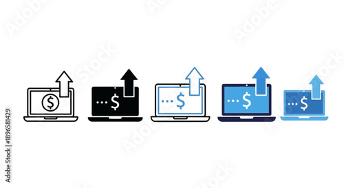 Collection of laptop icons with financial symbols and upward arrows indicating growth and transactions in a digital format.