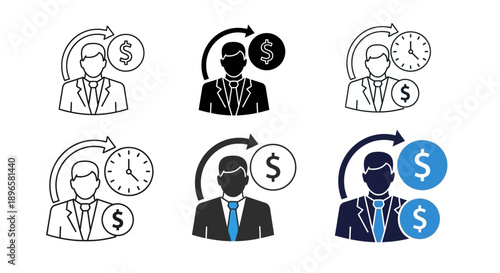Collection of icons depicting business professionals with financial symbols and time elements