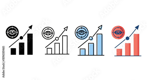 A diverse set of icons representing business growth, targets, and upward trends in a mix sheet style, viewed from a straightforward perspective.